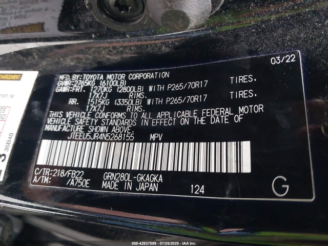JTEEU5JR4N5268155 Toyota 1gr-fe