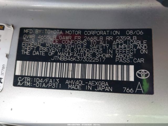 2007 TOYOTA CAMRY HYBRID JTNBB46K373022517 Photo 8