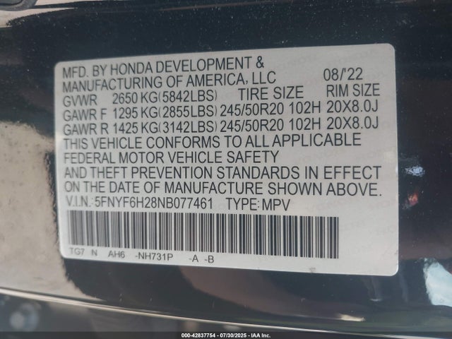 Honda j35y6 2022 5FNYF6H28NB077461 Image 9