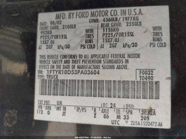 2003 FORD RANGER 1FTYR10D53PA03604 Photo 8