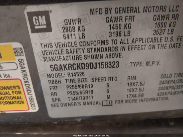 42838118 :رقم المزاد ، 5GAKRCKD9DJ158323 vin ، 2013 Buick Enclave Leather مزاد بيع