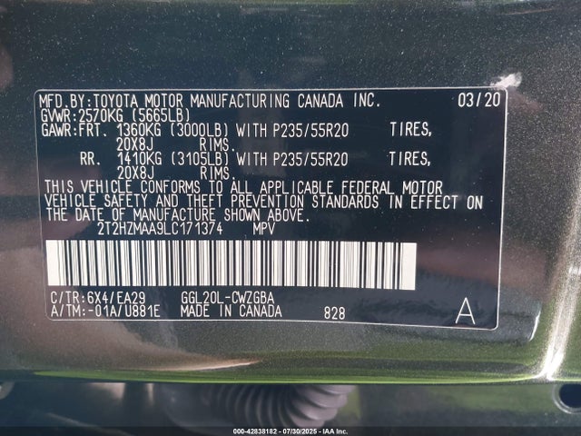Lexus 2gr-fxs 2020 2T2HZMAA9LC171374 Image 9