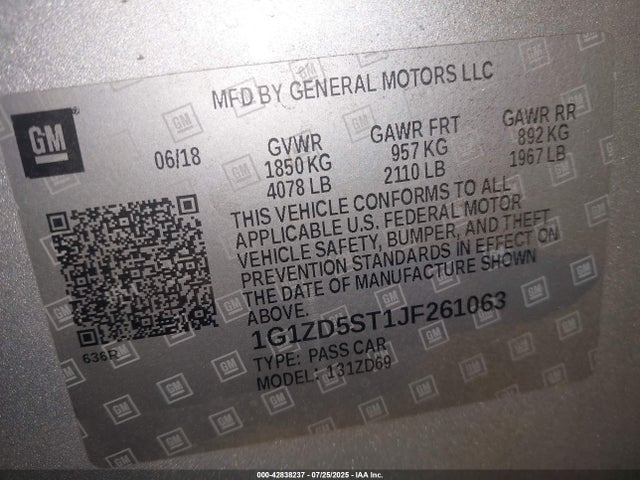Chevrolet lfv - direct injection, variable valve timing, gen 1 2018 1G1ZD5ST1JF261063 Image 9