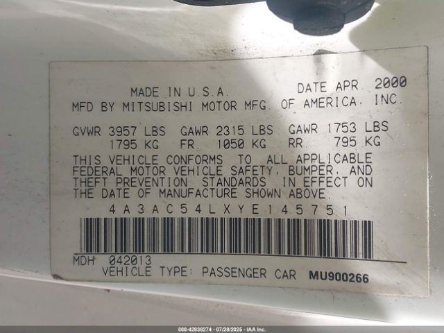 2000 MITSUBISHI ECLIPSE 4A3AC54LXYE145751 Photo 8