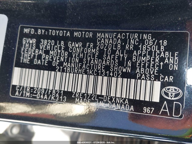 Toyota 2zr-fe 2019 2T1BURHE1KC131402 Image 9