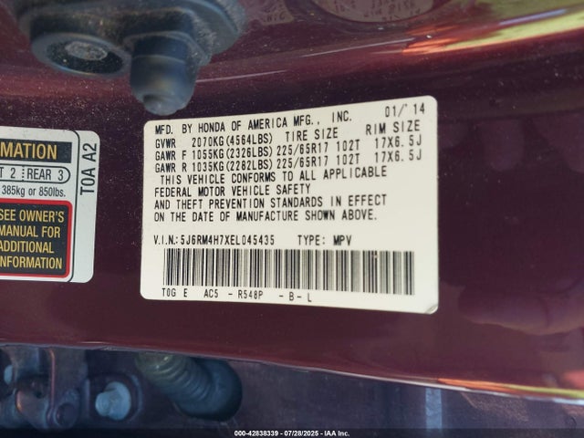 Honda k24z7 2014 5J6RM4H7XEL045435 Image 9