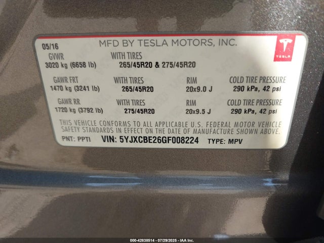 5YJXCBE26GF008224 Tesla MODEL X