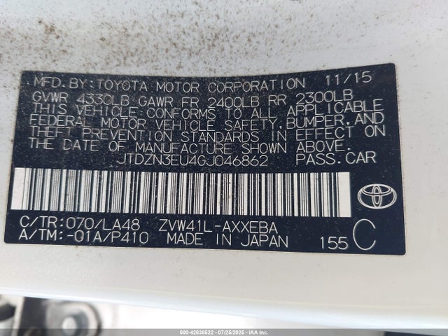 Toyota 2zr-fxe, 5jm 2016 JTDZN3EU4GJ046862 Image 9