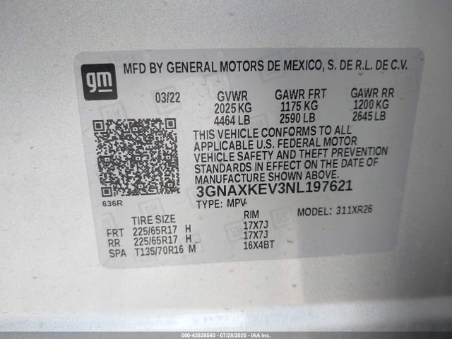 3GNAXKEV3NL197621 Chevrolet lyx