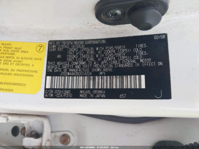 2008 TOYOTA HIGHLANDER HYBRID JTEEW44A382014324 Photo 8