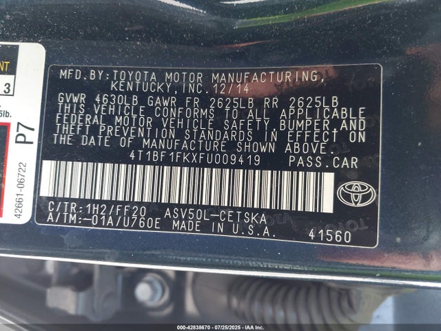4T1BF1FKXFU009419 Toyota 2ar-fe