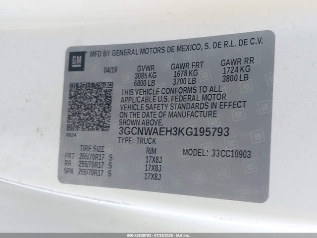 3GCNWAEH3KG195793 Chevrolet lv3 - gen 5, sidi, vvt, e85 max, alum