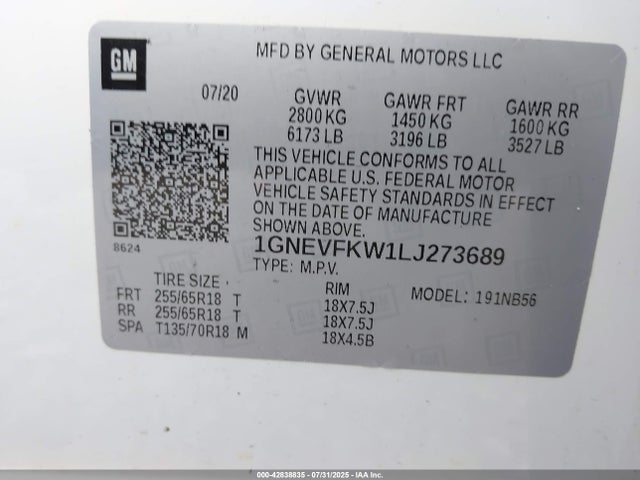 2020 Chevrolet Traverse Awd Ls მანქანა იყიდება აუქციონზე, vin: 1GNEVFKW1LJ273689, აუქციონის ნომერი: 42838835