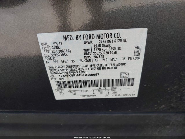 1FM5K8FH4KGB40957 Ford 2.3l gtdi