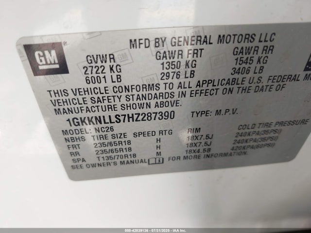 1GKKNLLS7HZ287390 GMC lgx - di: direct injection, vvt: variable valve timing, alum, gen 2
