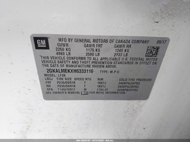 2GKALMEKXH6333116 GMC lea - sidi: spark ignited direct injection, e85 max, alum