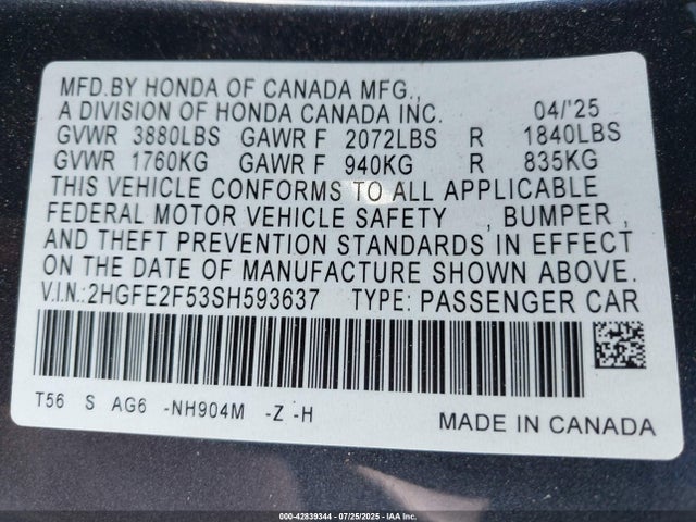 Honda k20c9 2025 2HGFE2F53SH593637 Image 9