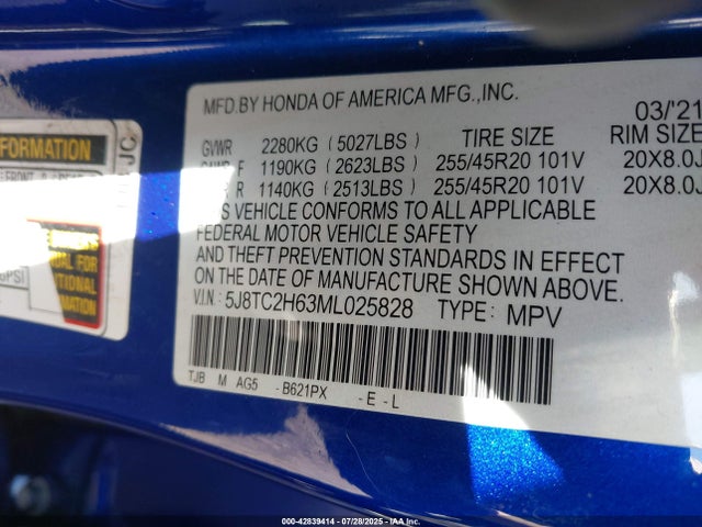 Acura k20c4 2021 5J8TC2H63ML025828 Image 9