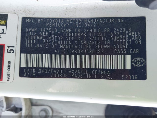 4T1C11AK3MU580192 Toyota a25a-fks