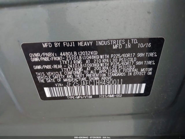 Subaru naturally aspirated u5 2017 JF2SJAEC1HH490011 Image 9