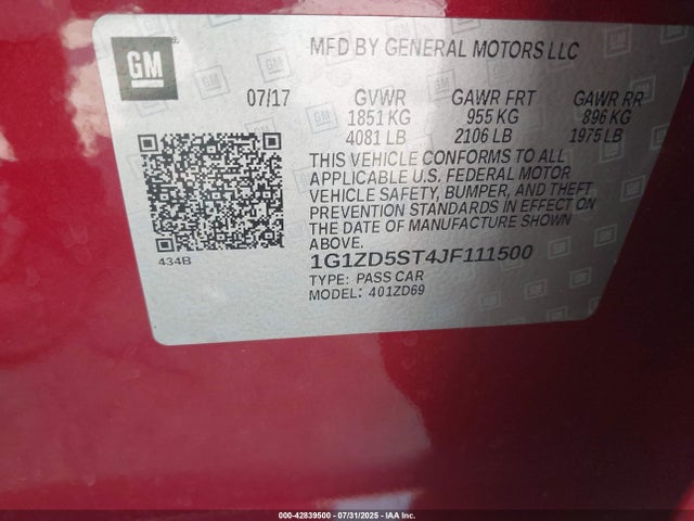 1G1ZD5ST4JF111500 Chevrolet lfv - direct injection, variable valve timing, gen 1