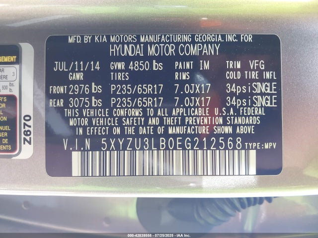 5XYZU3LB0EG212568 Hyundai gdi theta