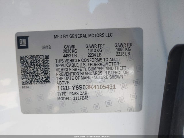 1G1FY6S03K4105431 Chevrolet 2019