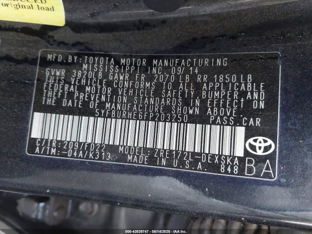 5YFBURHE6FP203250 Toyota 2zr-fe