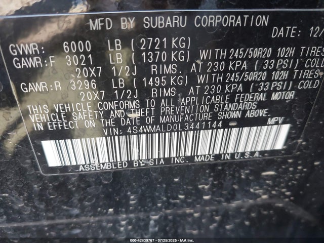 4S4WMALD0L3441144 Subaru 2020