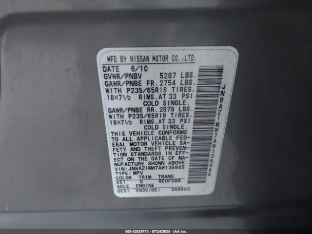 2010 NISSAN MURANO JN8AZ1MW7AW135865 Photo 8