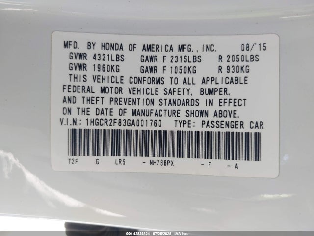 1HGCR2F83GA001760 Honda k24w1