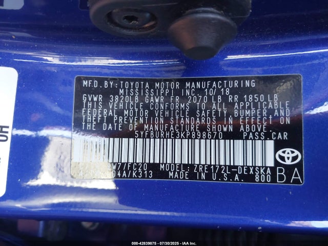 5YFBURHE3KP898670 Toyota 2zr-fe