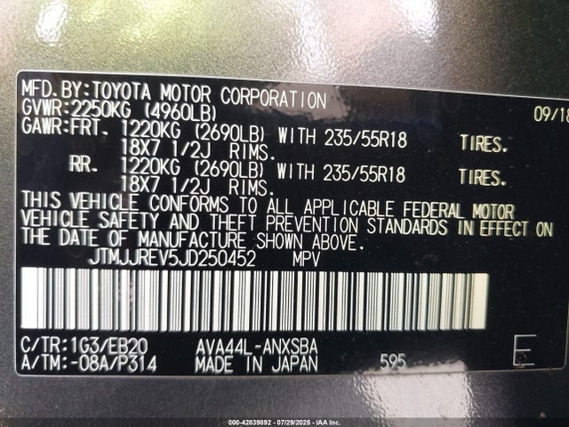 Toyota 2ar-fxe, 2jm+2fm 2018 JTMJJREV5JD250452 Image 9