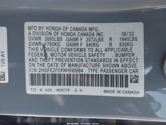 Honda k20c2 2022 2HGFE2F5XNH590884 Image 9