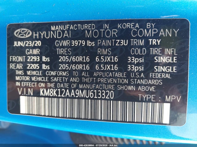 KM8K12AA9MU613320 Hyundai mpi nu