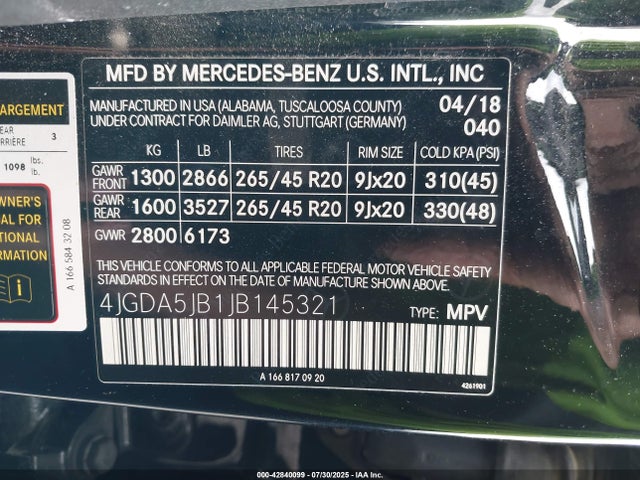 4JGDA5JB1JB145321 Mercedes-Benz m276