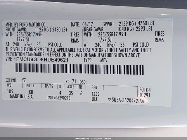 1FMCU9GD8HUE49621 Ford gtdi sigma w/premium fuel