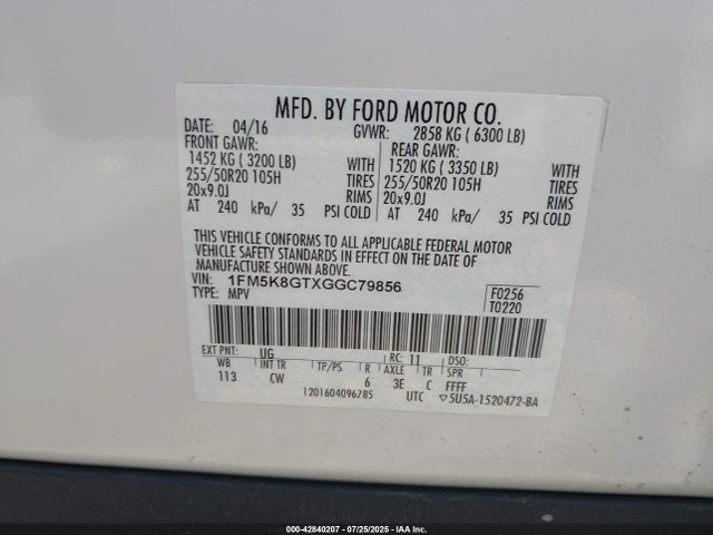 1FM5K8GTXGGC79856 Ford 2016