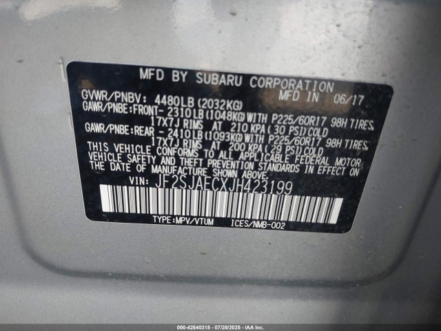 Subaru naturally aspirated u5 2018 JF2SJAECXJH423199 Image 9