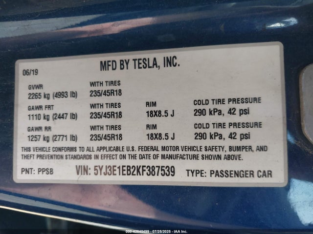 2019 TESLA MODEL 3 5YJ3E1EB2KF387539 Photo 8