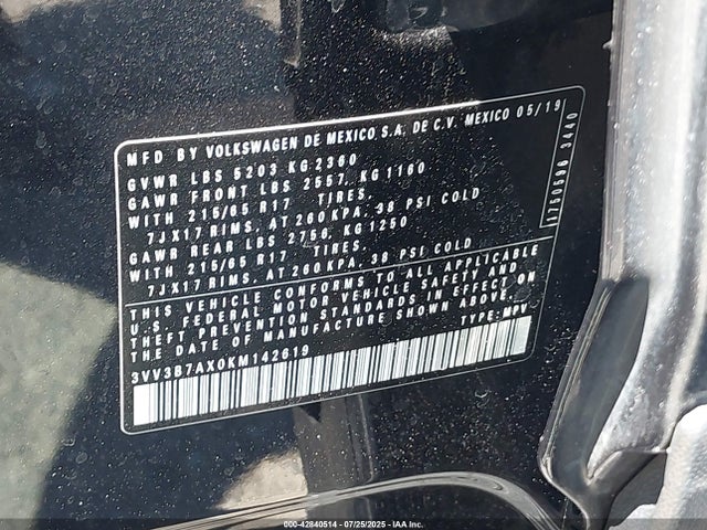 3VV3B7AX0KM142619 Volkswagen 2019