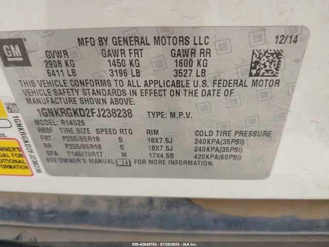 Chevrolet llt 2015 1GNKRGKD2FJ238238 Image 9