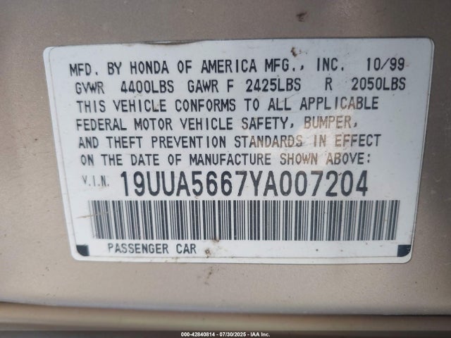 42840814 :رقم المزاد ، 19UUA5667YA007204 vin ، 2000 Acura Tl 3.2 مزاد بيع