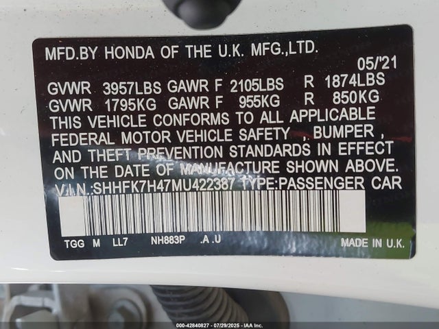 SHHFK7H47MU422387 Honda l15ba