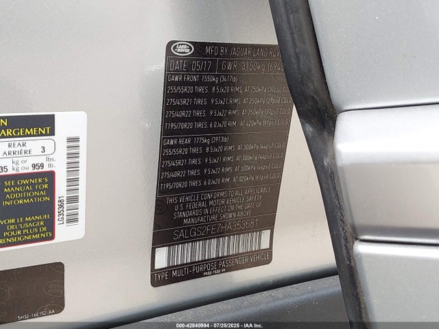 Land Rover s/c lev2 ulev 2017 SALGS2FE7HA353681 Image 9