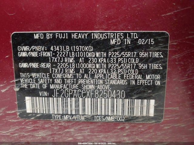 JF2GPACCXF8250430 Subaru 2.0l naturally aapirated