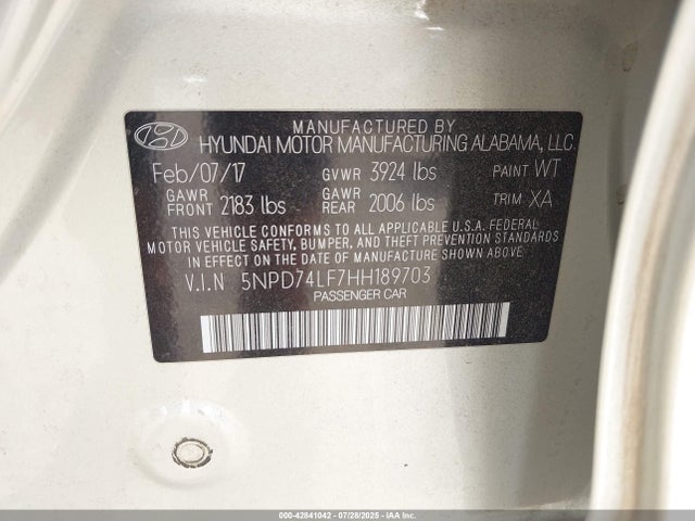 5NPD74LF7HH189703 Hyundai 2017
