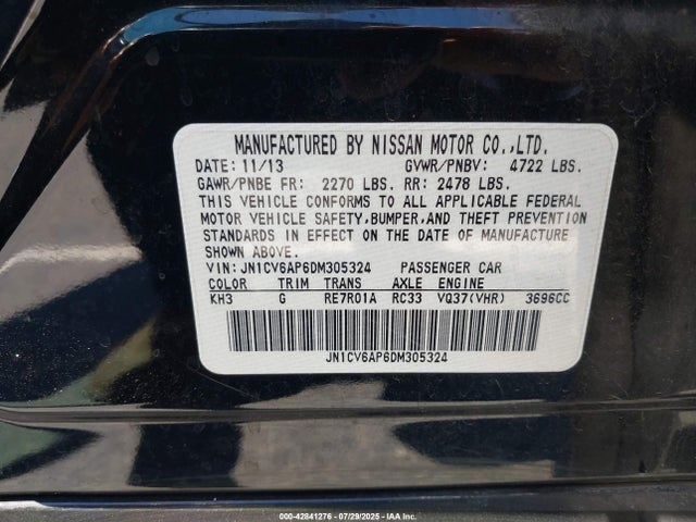 2013 Infiniti G37 Journey მანქანა იყიდება აუქციონზე, vin: JN1CV6AP6DM305324, აუქციონის ნომერი: 42841276