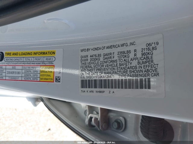Продаж на аукціоні авто 2019 Honda Accord Sport, vin: 1HGCV1F33KA126471, номер лоту: 42841280