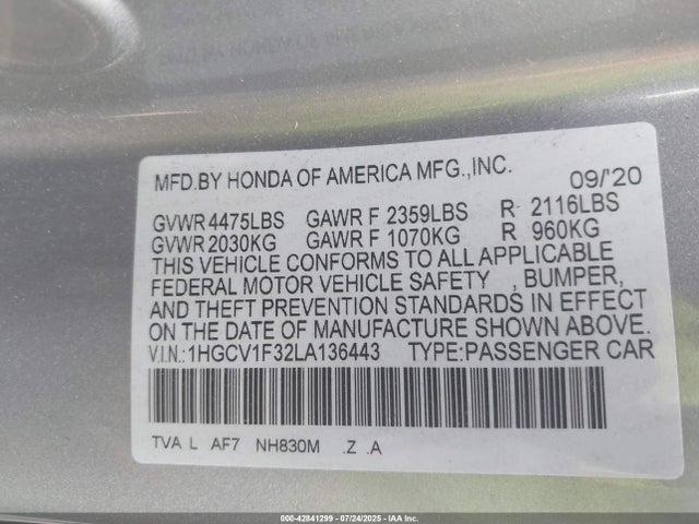 1HGCV1F32LA136443 Honda l15be